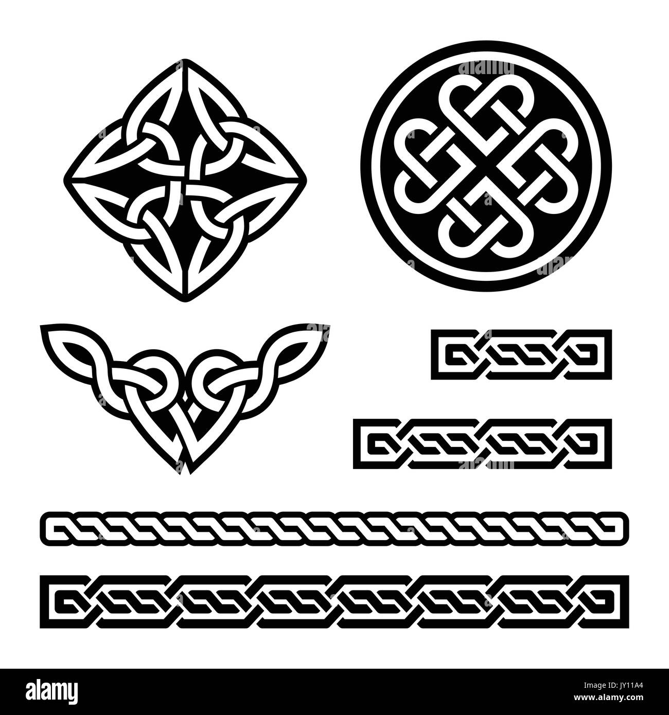 Celtic Irish patterns and braids - vector, St Patrick's Day     Set of traditional Celtic symbols, knots, braids in black and white Stock Vector