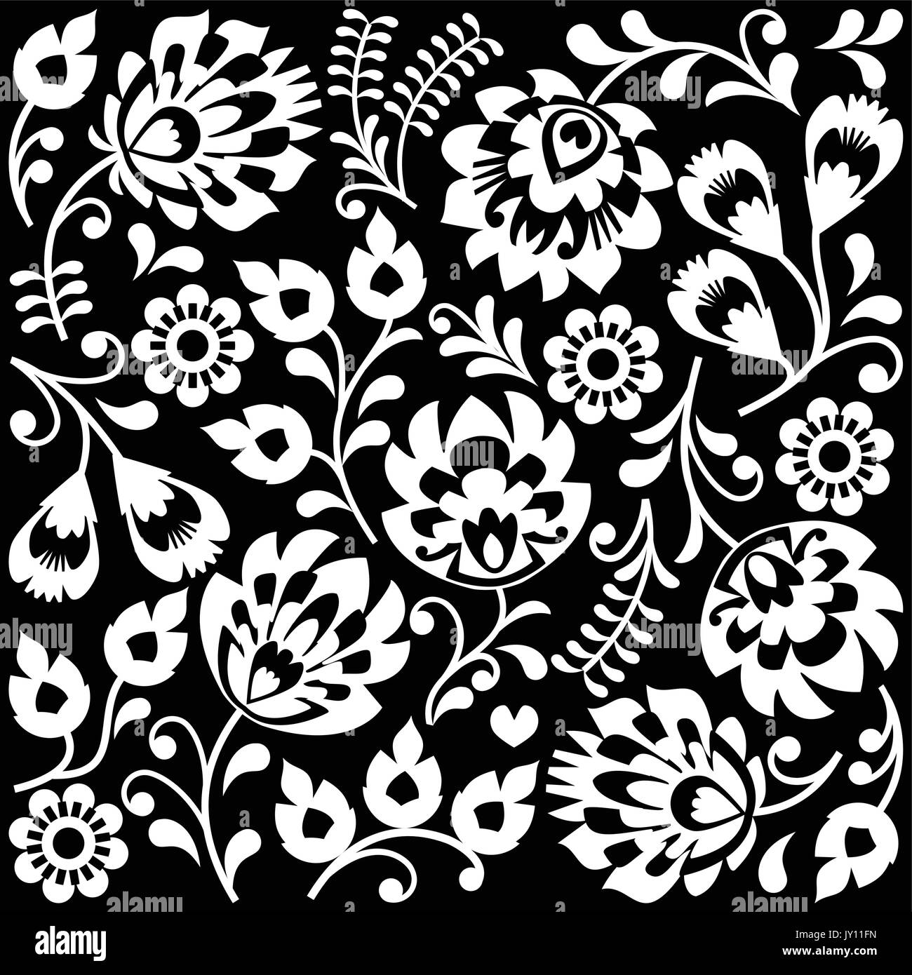 Polish folk art white pattern on black - Wzory Lowickie, Wycinanki    Traditional monochrome background - Slavic cutout style folk art pattern Stock Vector