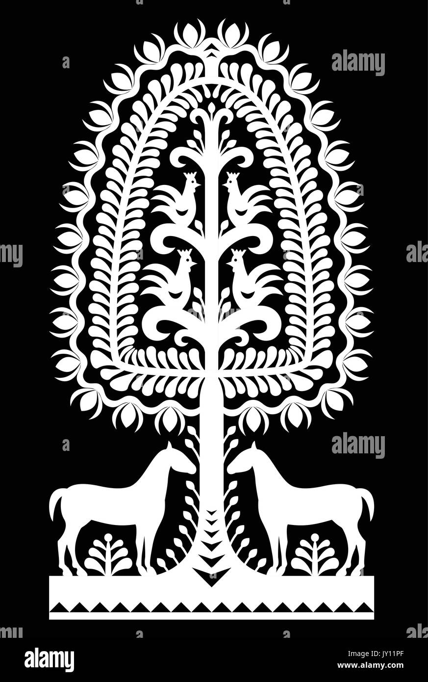 Polish folk art pattern Wycinanki Kurpiowskie - Kurpie Papercuts   Vector design of horse, tree and chickens - folk design from the region of Kurpie Stock Vector