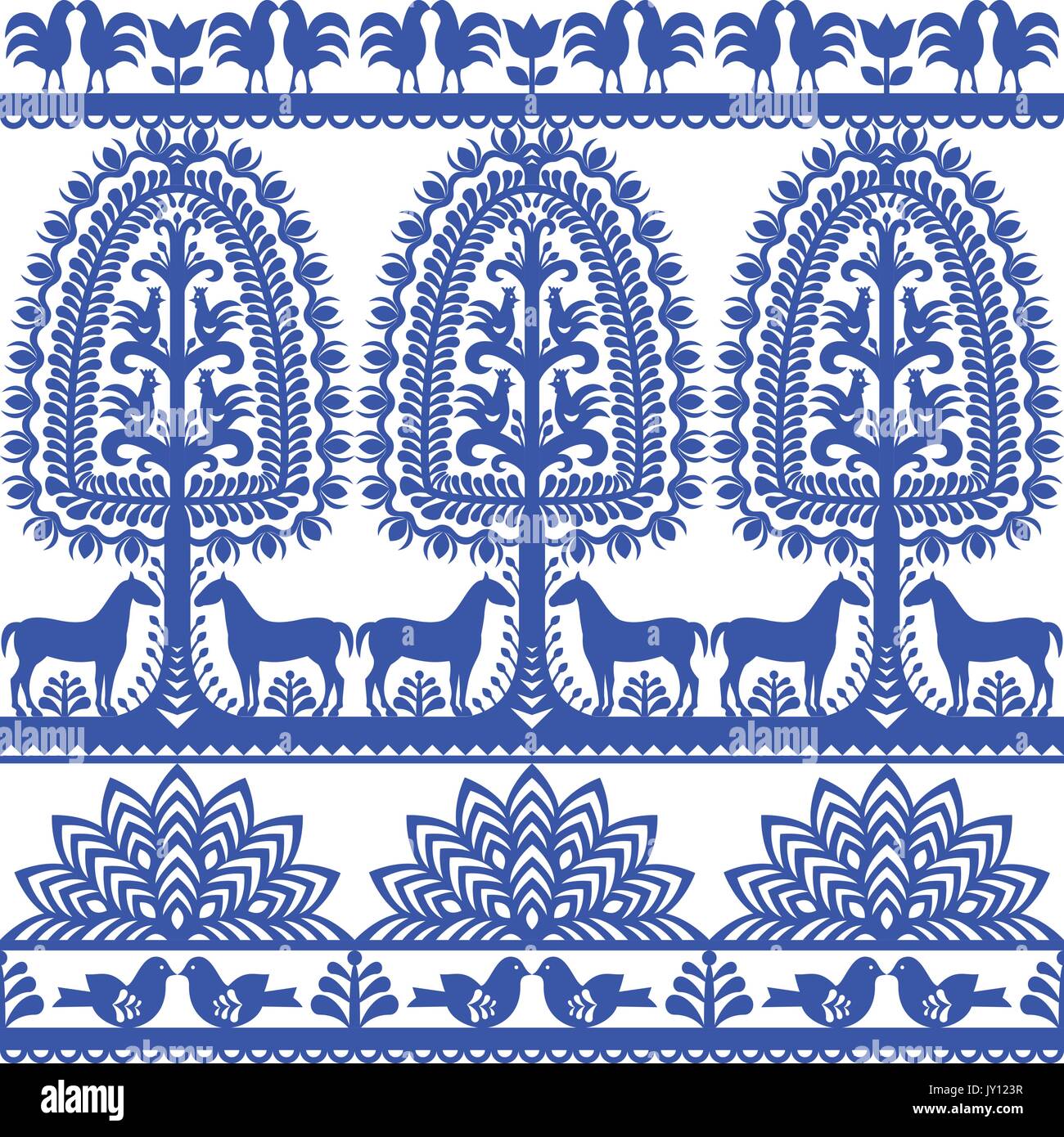 Seamless floral Polish folk art pattern Wycinanki Kurpiowskie - Kurpie Papercuts   Vector blue design of horse, tree and chickens - folk design from Stock Vector