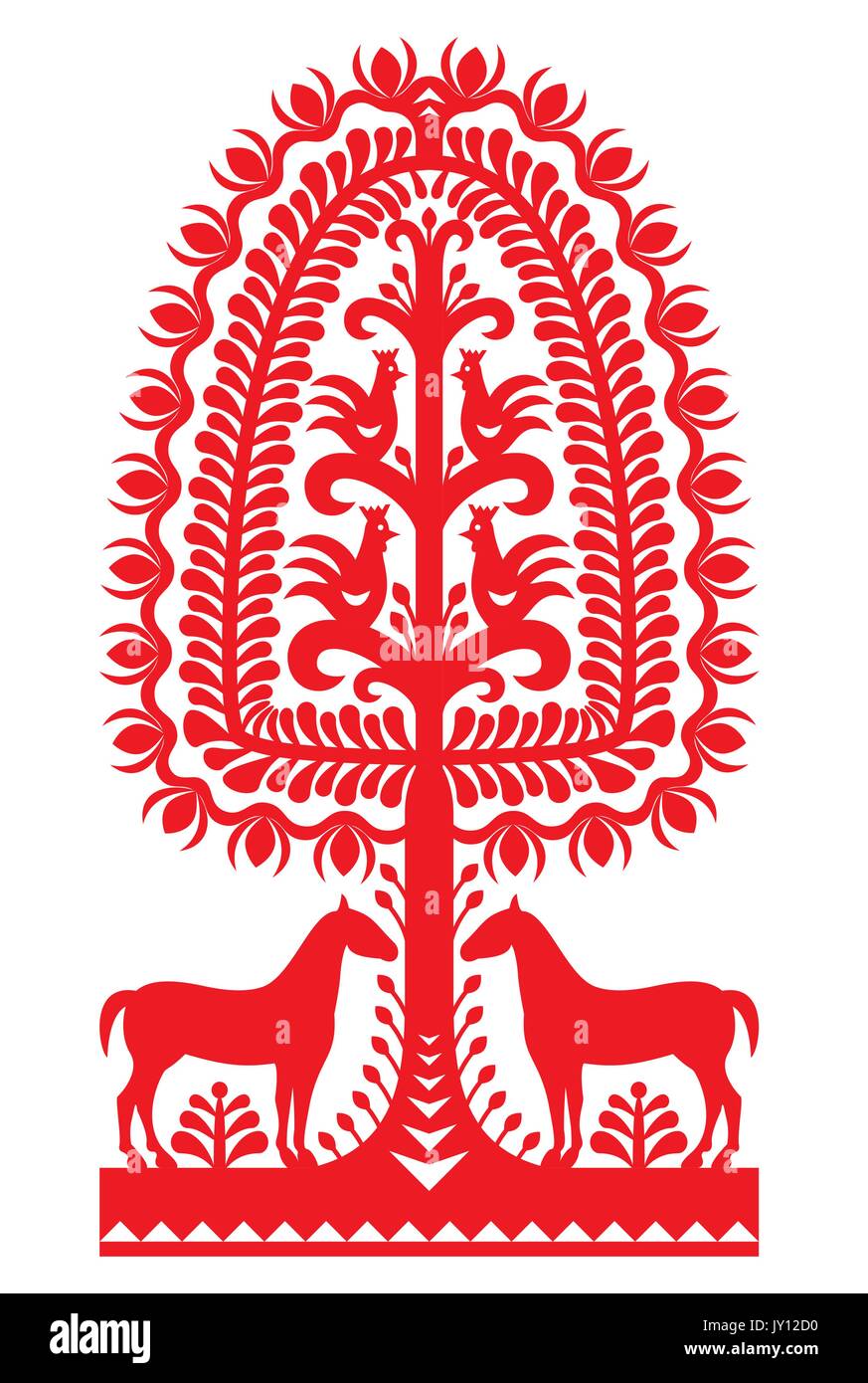 Polish folk art pattern Wycinanki Kurpiowskie - Kurpie Papercuts   Vector design of horse, tree and chickens - folk design from the region of Kurpie i Stock Vector