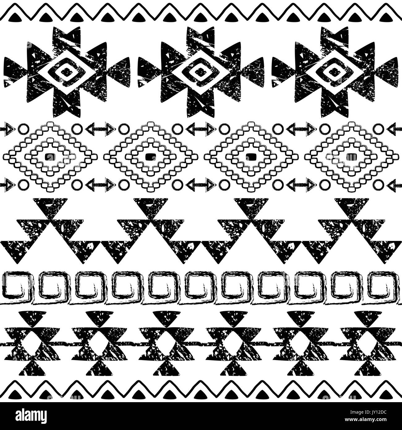 Seamless Navajo hand drawn print, retro Aztec pattern, Tribal design with scratches     Vector black and white folk seamless Aztec ornament, monochrom Stock Vector