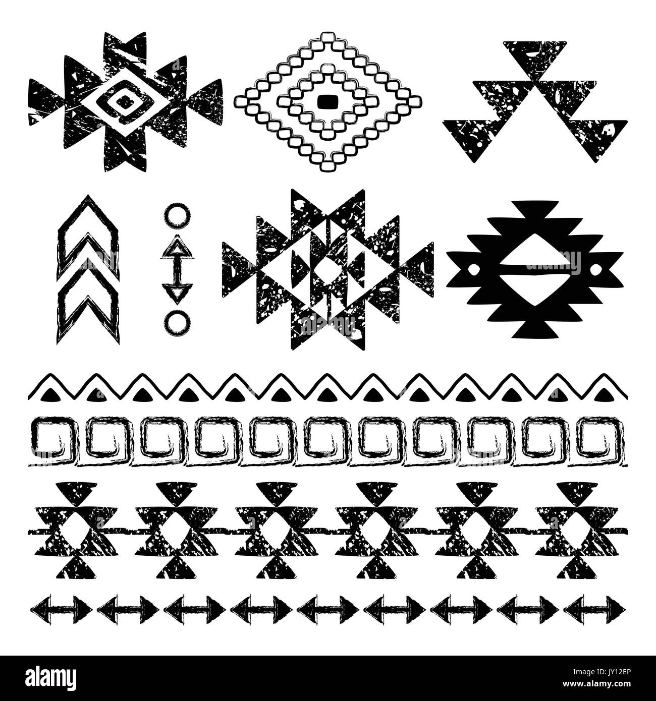 Navajo hand drawn print, retro Aztec pattern, Tribal design elements with scratches     Vector folk seamless Aztec ornament, ethnic coll Stock Vector