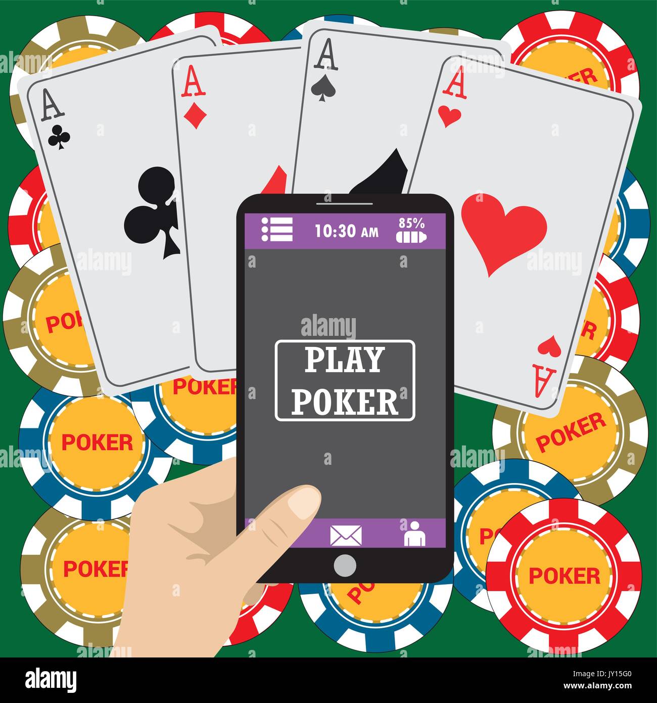 Online poker app  on tablet touch screen, smart phone, cards and chips all around, vector Stock Vector