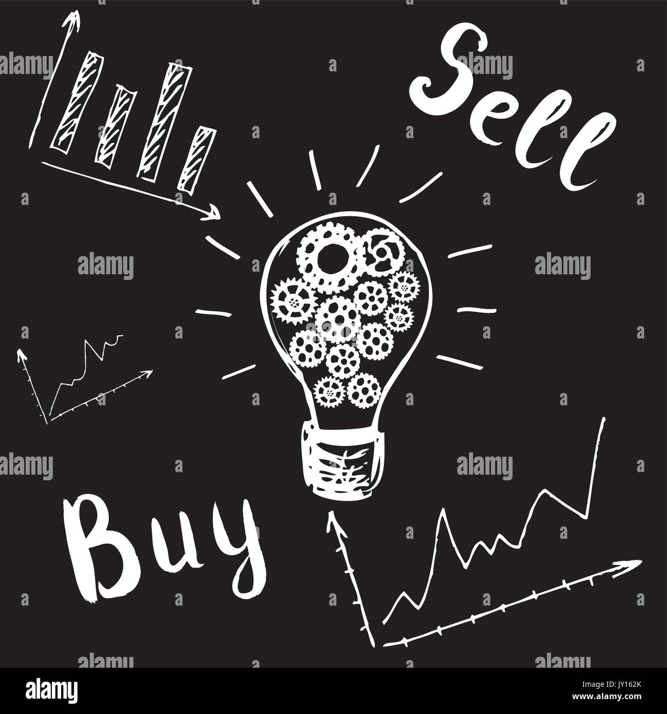 light bulb with gears, graphic, buy and sell; forex vector; handdrawn stock market vector; stock market vector; unknown direction; technical analysis. Stock Vector