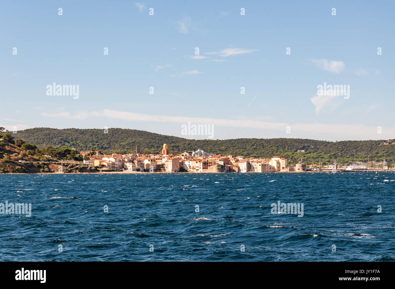 View of Saint-Tropez town and Mediterranean sea, France Stock Photo