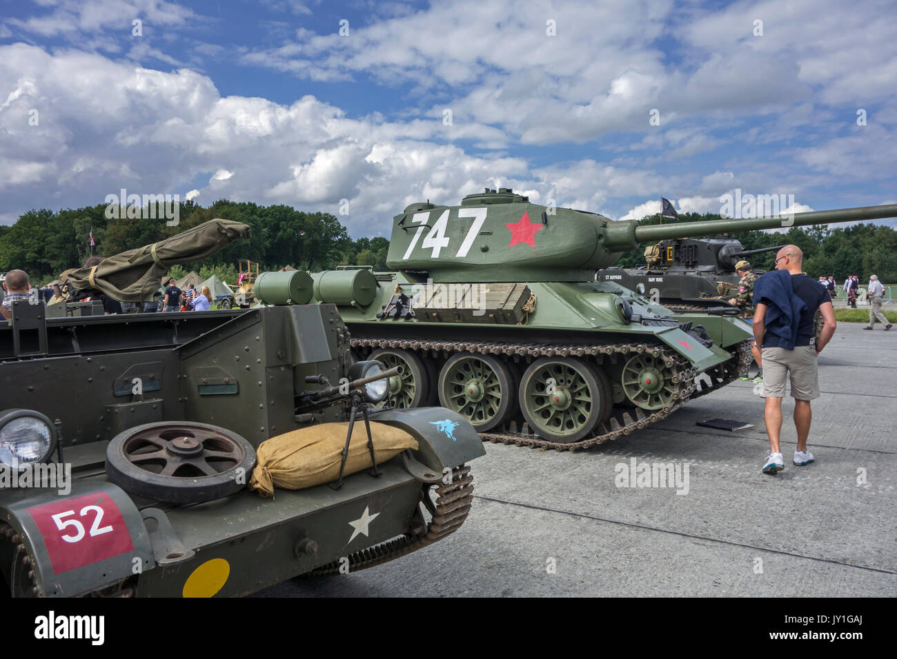 Visitors looking at World War Two tanks at WW2 military fair Stock Photo