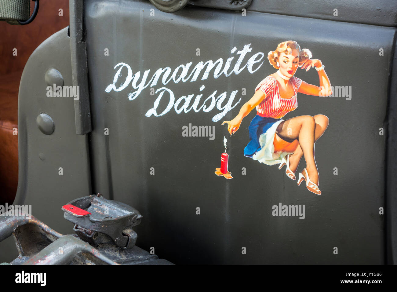 Dynamite Daisy artwork / nose art / door art on WW2 truck at World War Two militaria fair Stock Photo