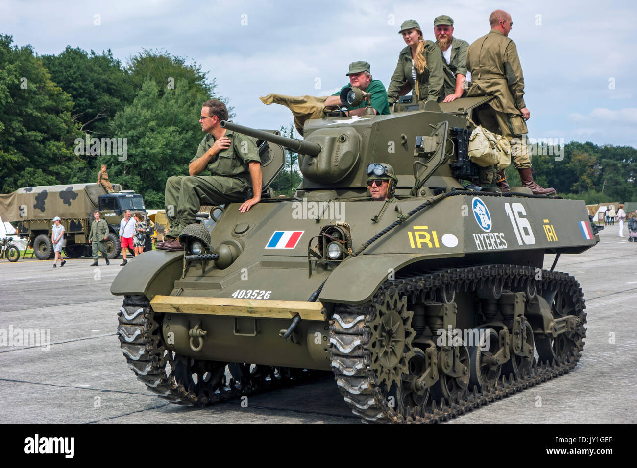 Free French M3A3 Stuart tank during WW2 military vehicles parade at Wold War Two militaria fair Stock Photo