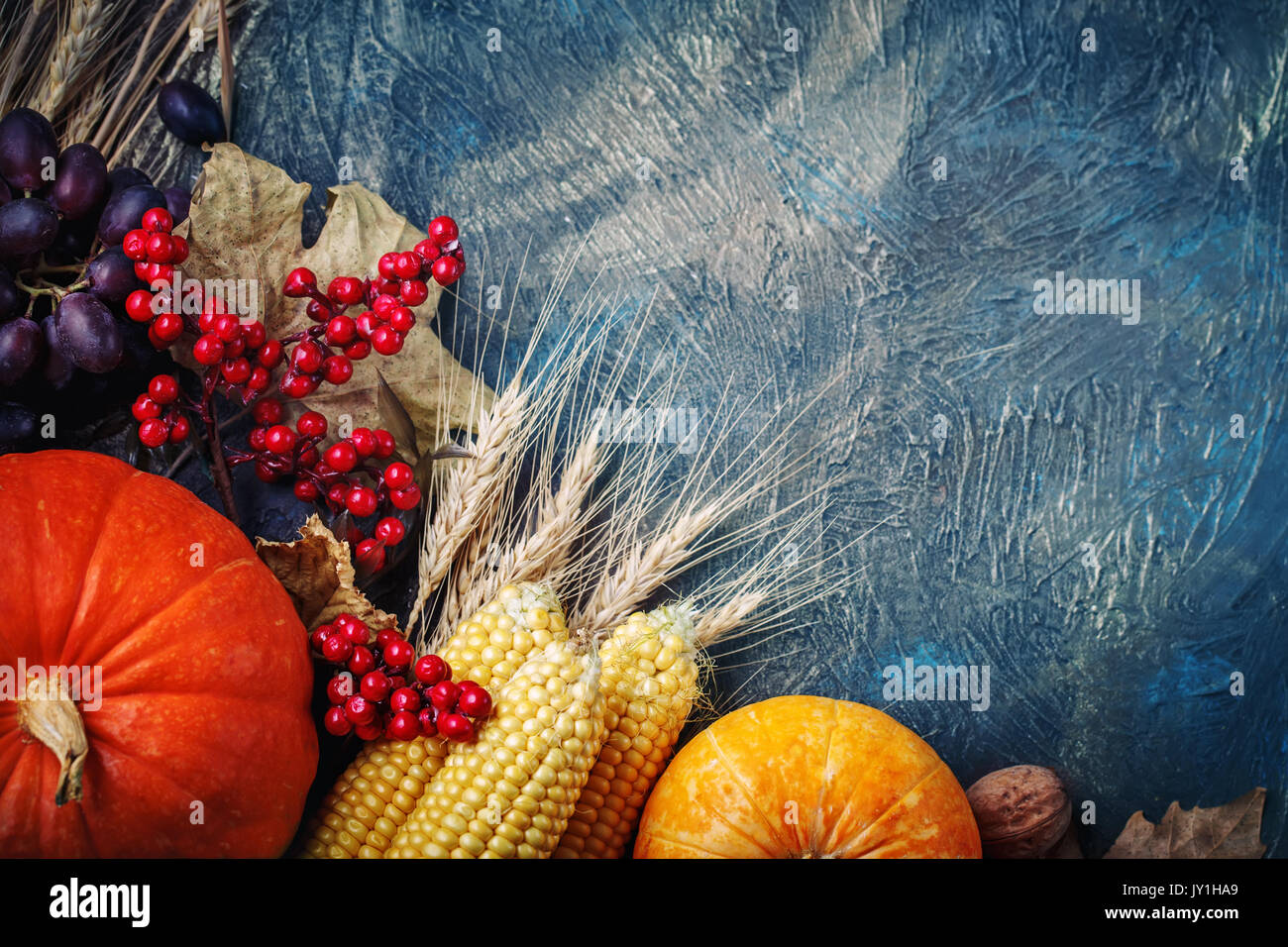 The table, decorated with vegetables and fruits. Harvest Festival,Happy Thanksgiving. Stock Photo