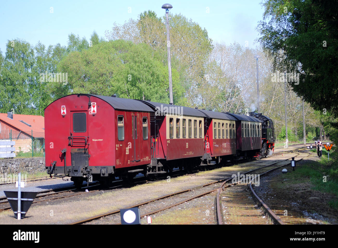 99 6001-4 and train leaving Hasselfelde. Harzer Schmalspurbahnen. Stock Photo