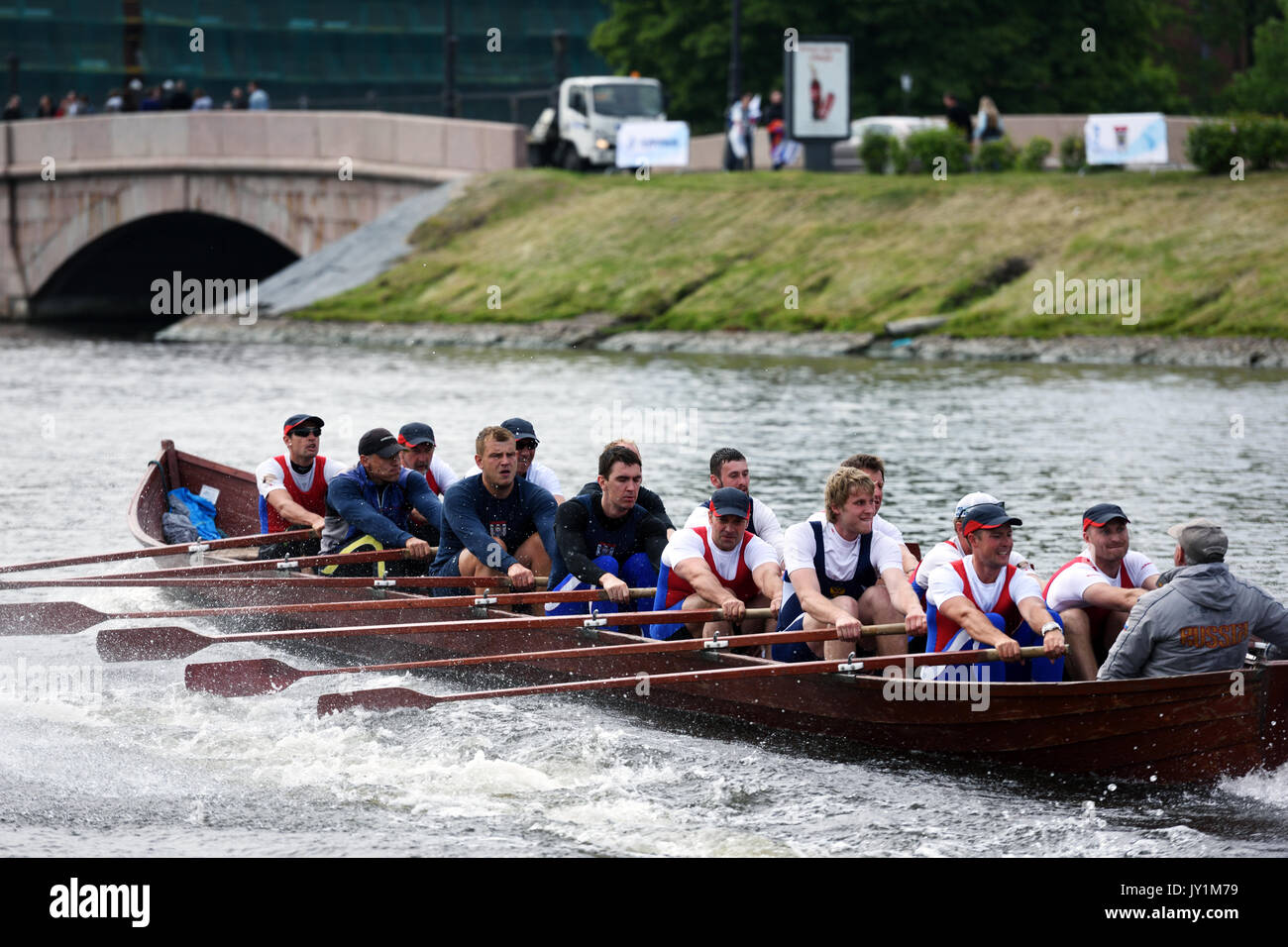 St. Petersburg, Russia - June 12, 2015: Competitions of Viking boats during the Golden Blades Regatta. This kind of competitions make the race accessi Stock Photo