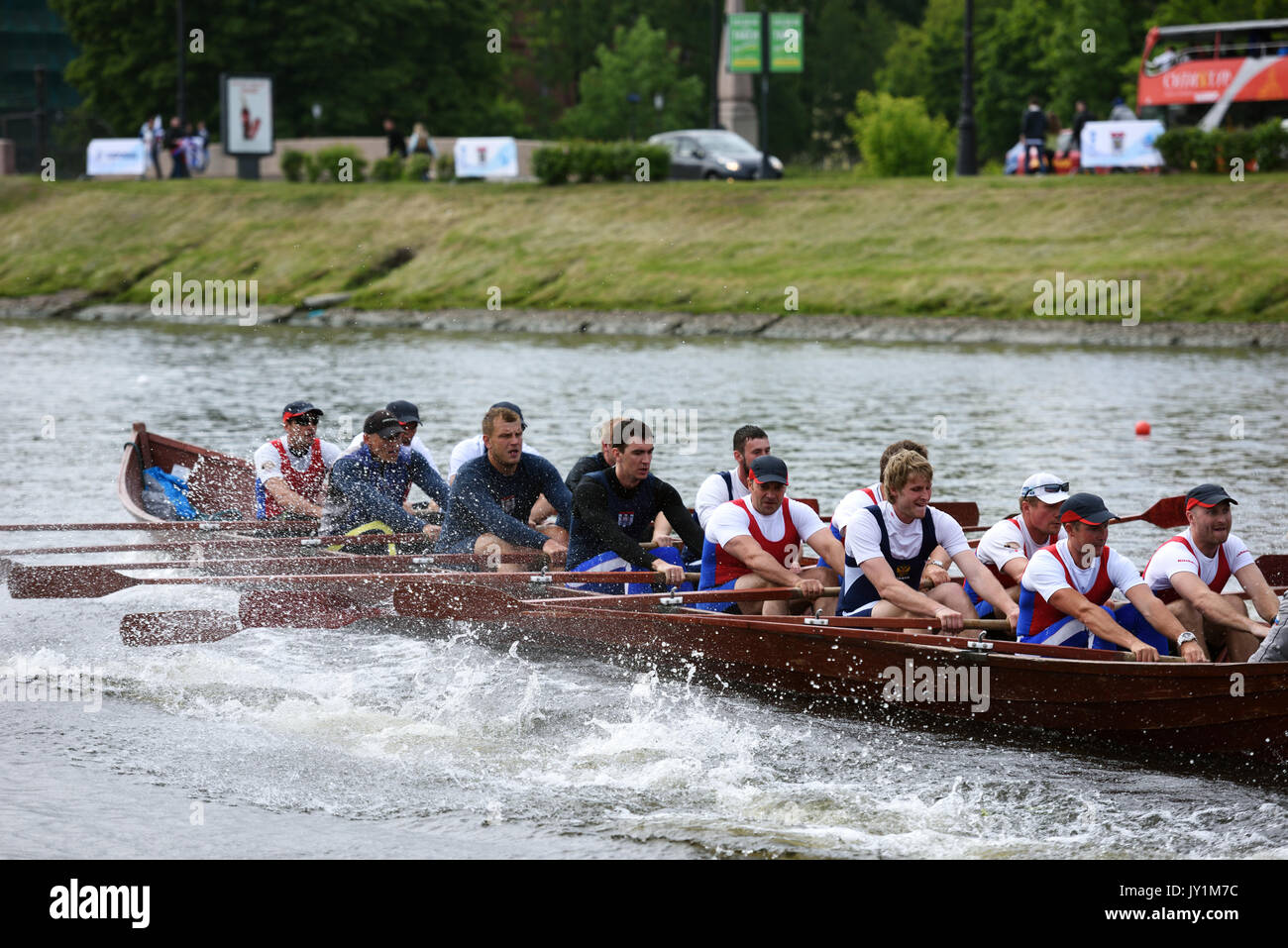 St. Petersburg, Russia - June 12, 2015: Competitions of Viking boats during the Golden Blades Regatta. This kind of competitions make the race accessi Stock Photo