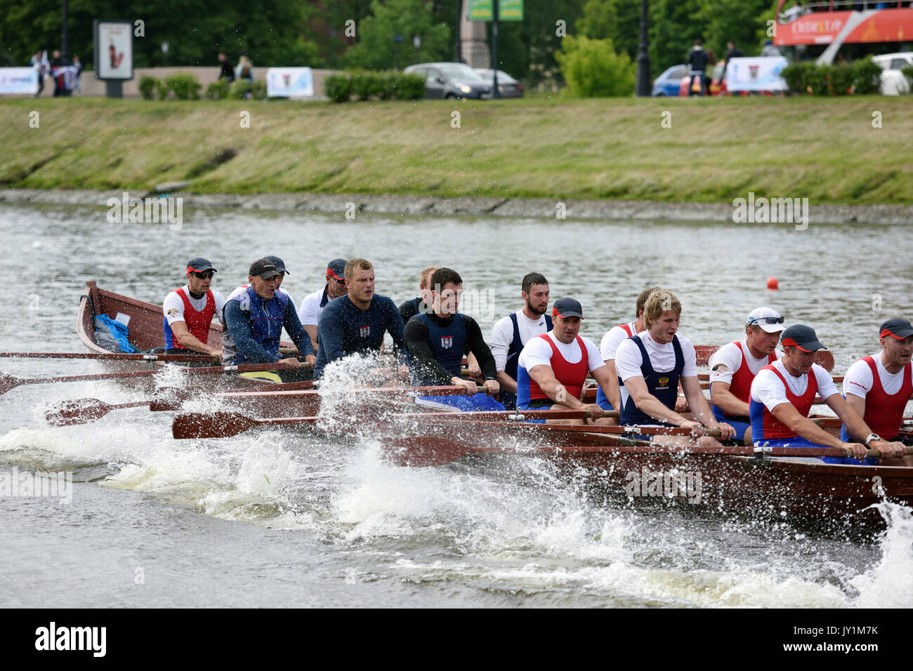 St. Petersburg, Russia - June 12, 2015: Competitions of Viking boats during the Golden Blades Regatta. This kind of competitions make the race accessi Stock Photo