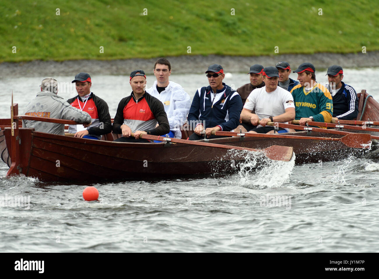 St. Petersburg, Russia - June 12, 2015: Competitions of Viking boats during the Golden Blades Regatta. This kind of competitions make the race accessi Stock Photo