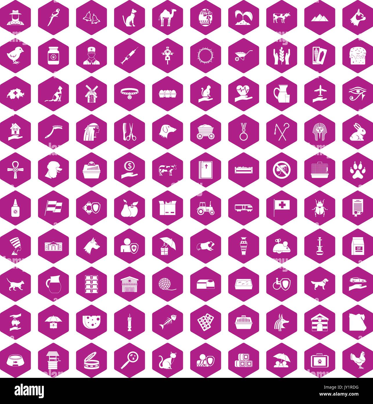 100 pets icons hexagon violet Stock Vector