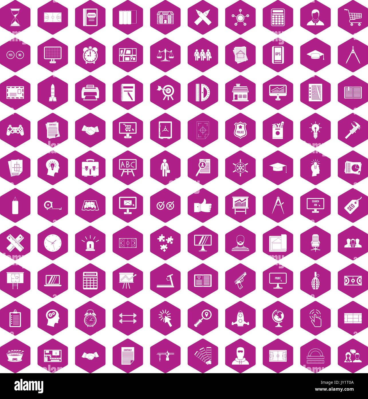 100 plan icons hexagon violet Stock Vector