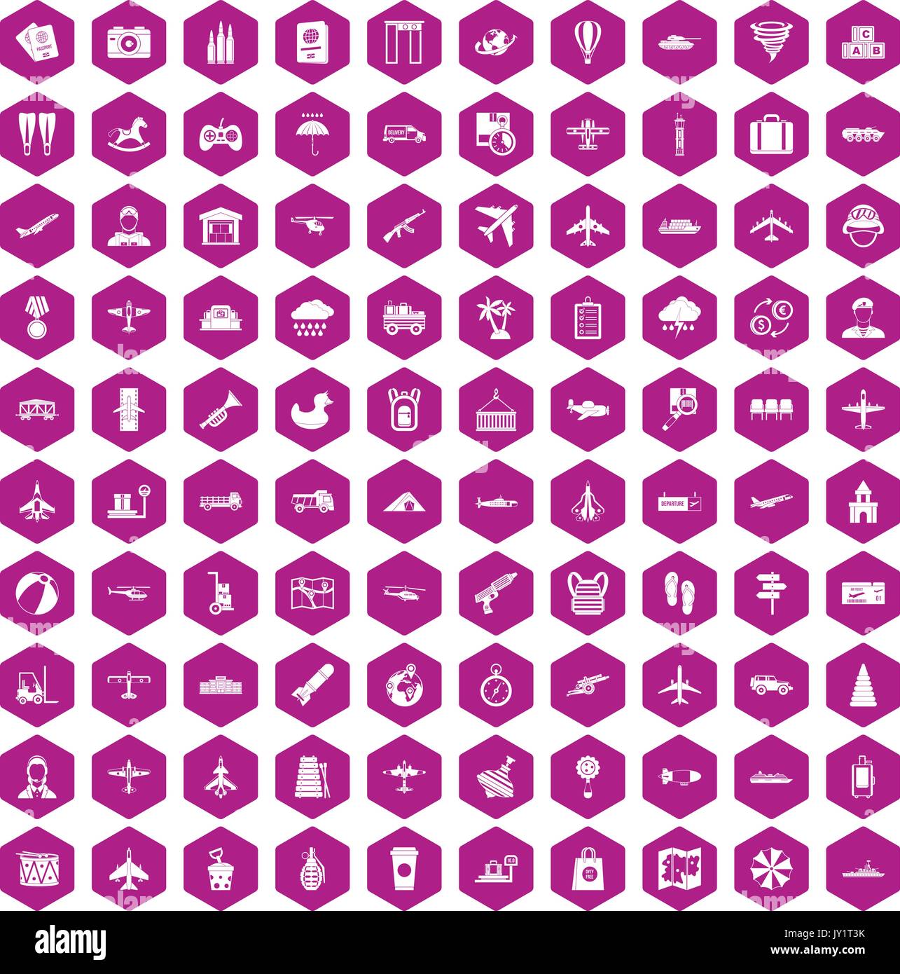 100 plane icons hexagon violet Stock Vector