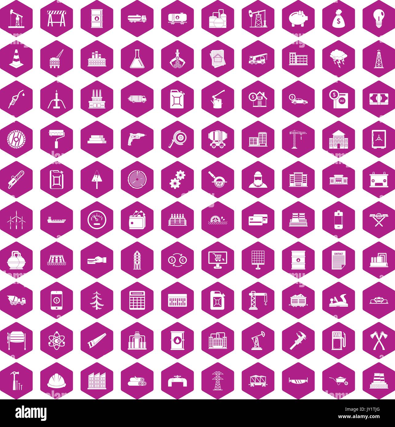 100 plant icons hexagon violet Stock Vector
