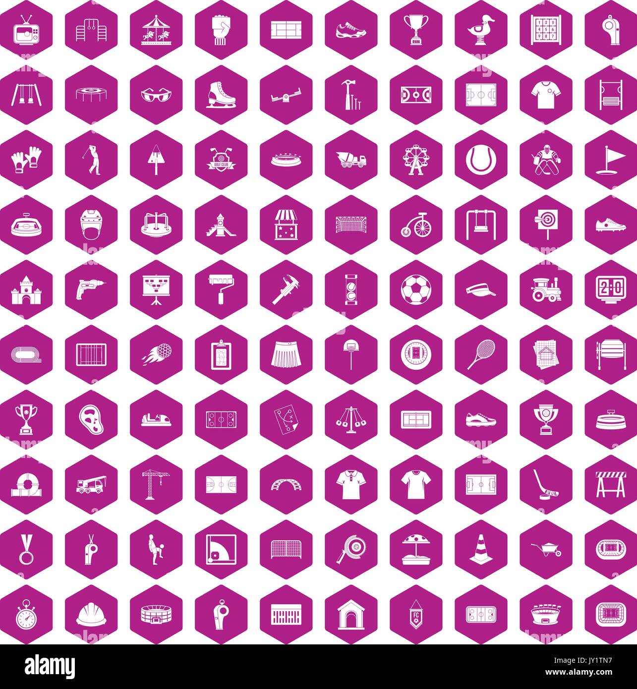 100 playground icons hexagon violet Stock Vector