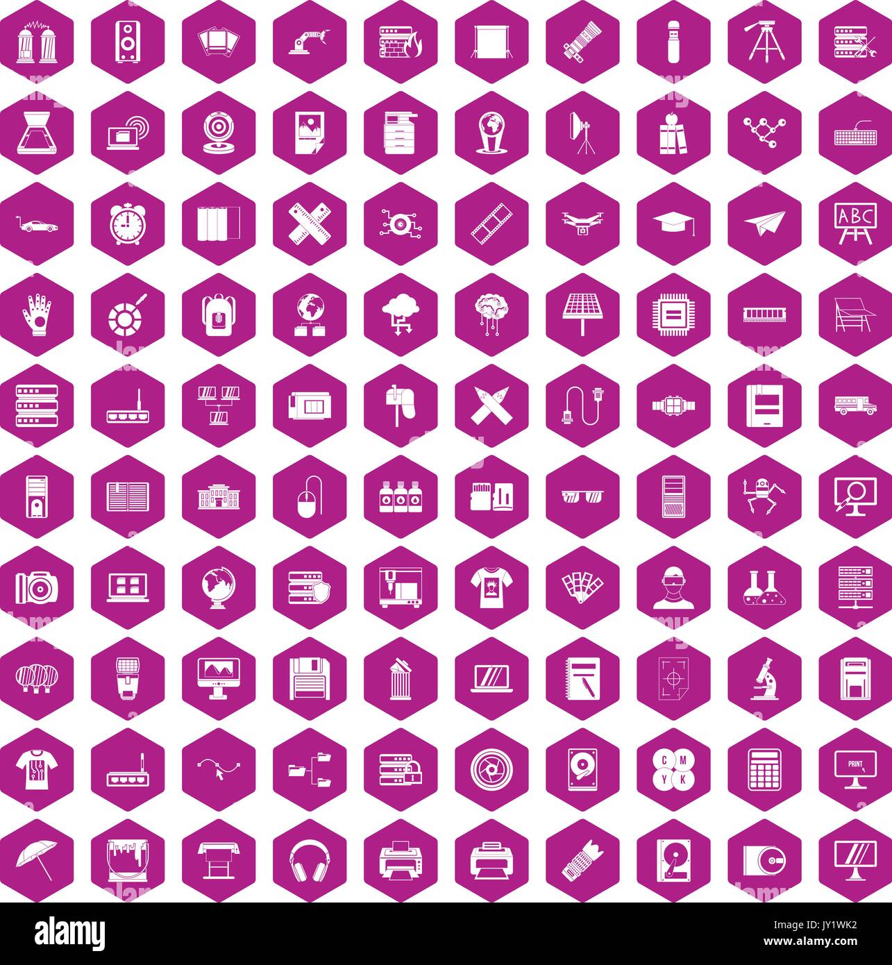 100 printer icons hexagon violet Stock Vector