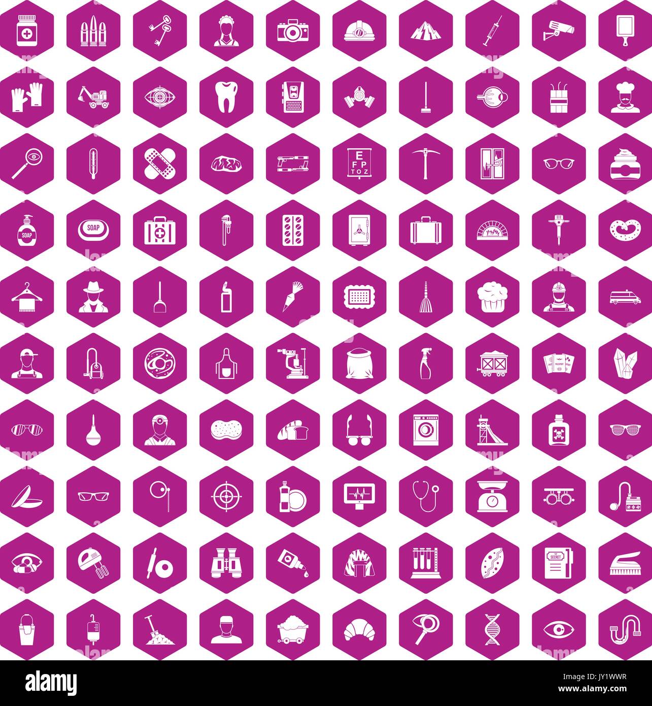 100 profession icons hexagon violet Stock Vector