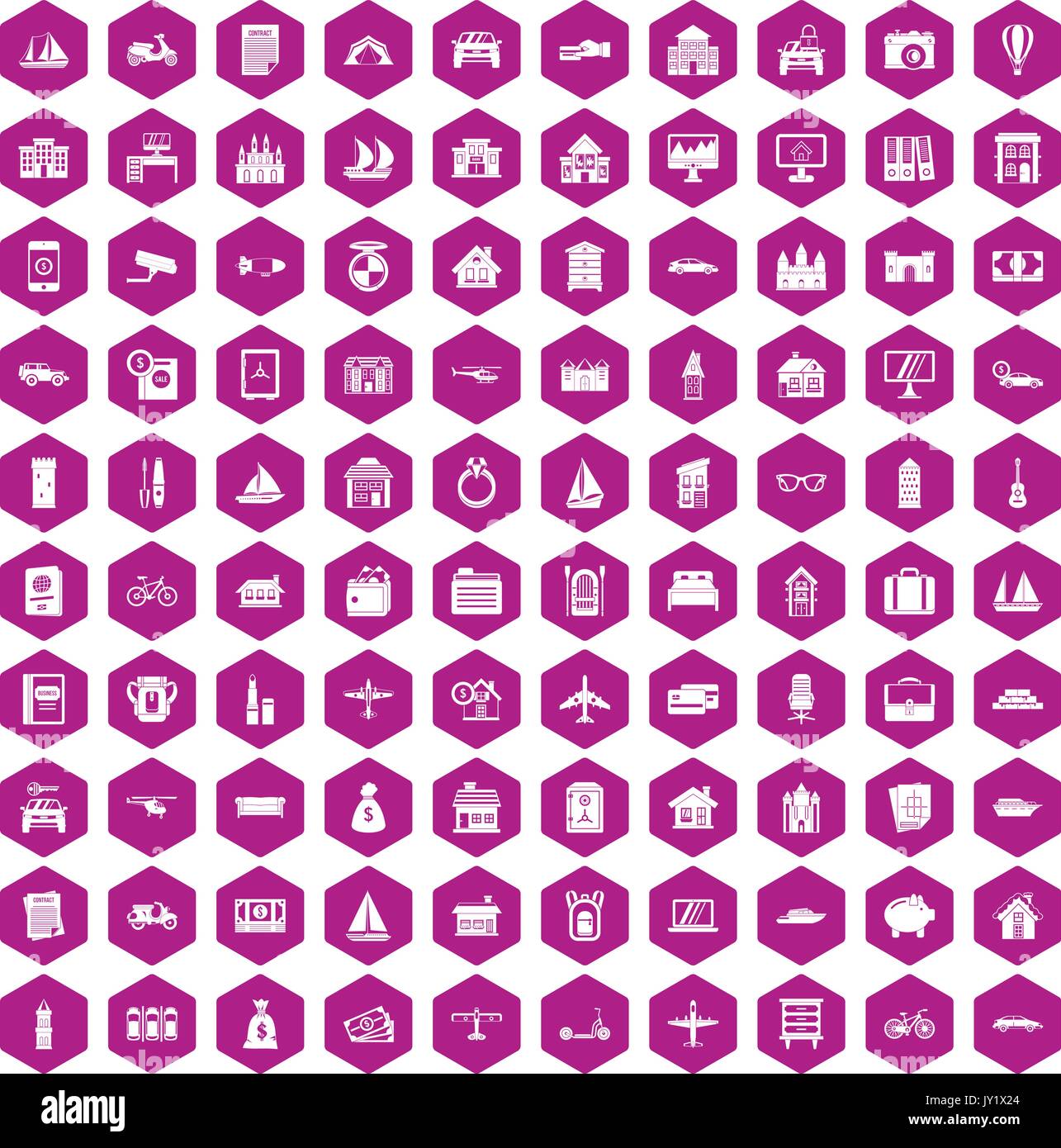 100 property icons hexagon violet Stock Vector