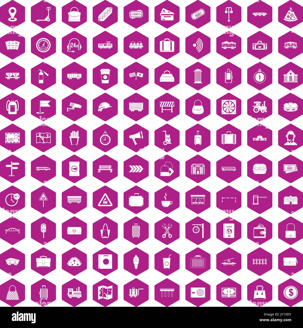 100 railway icons hexagon violet Stock Vector