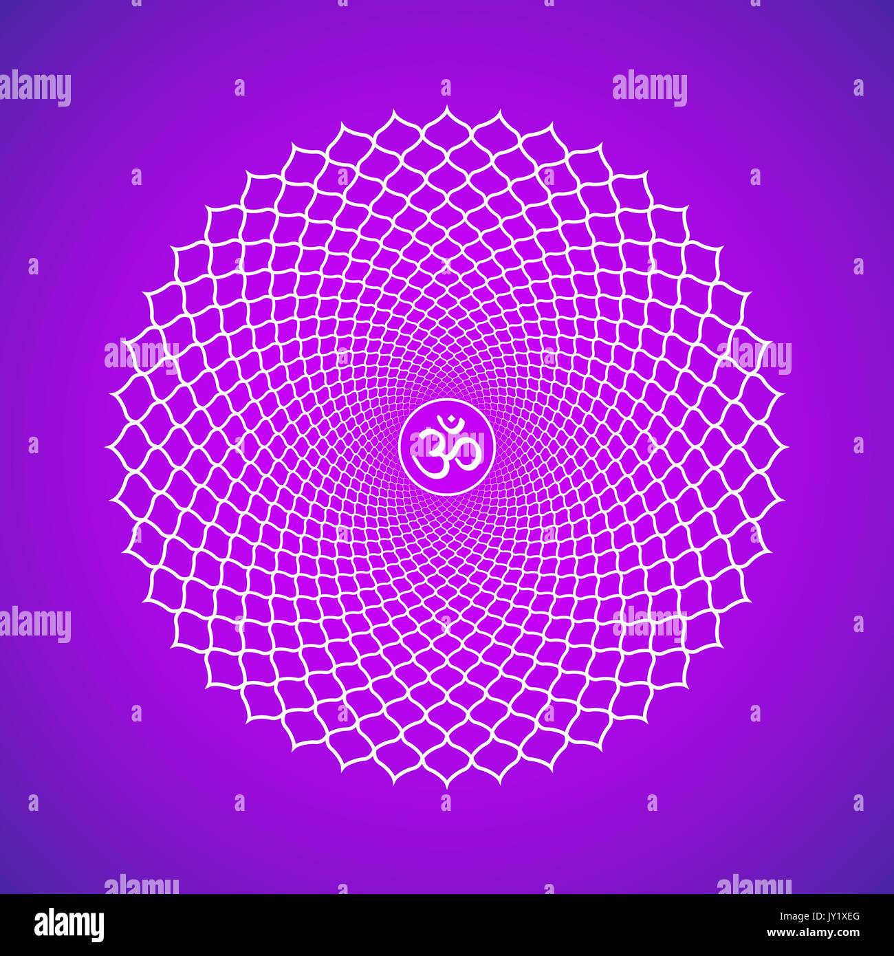 Vector seventh crown Sahasrara one thousand petals lotus chakra with hinduism sanskrit seed mantra Om. Outline contour white monochrome symbol with is Stock Vector