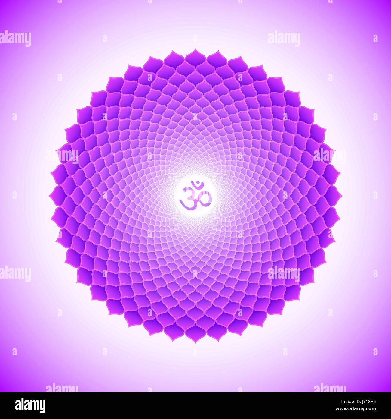 Vector seventh crown Sahasrara one thousand petals lotus chakra with hinduism sanskrit seed mantra Om. Flat style violet volumetric symbol with colore Stock Vector