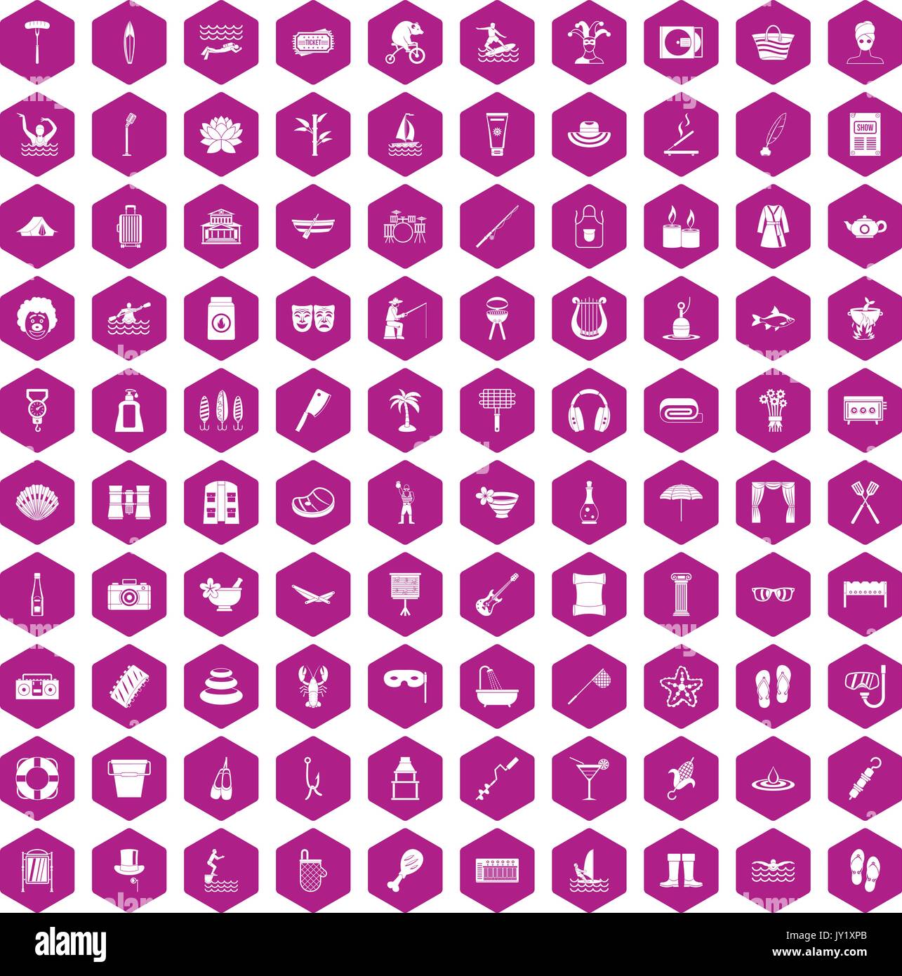 100 recreation icons hexagon violet Stock Vector