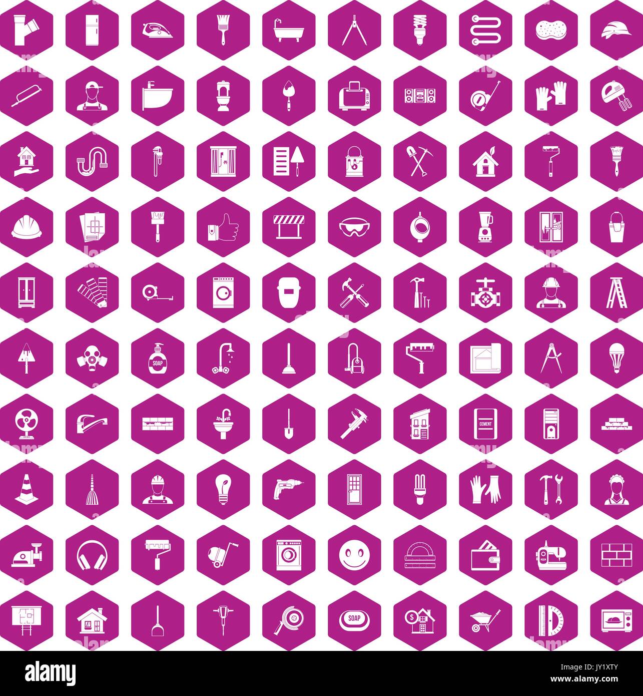 100 renovation icons hexagon violet Stock Vector