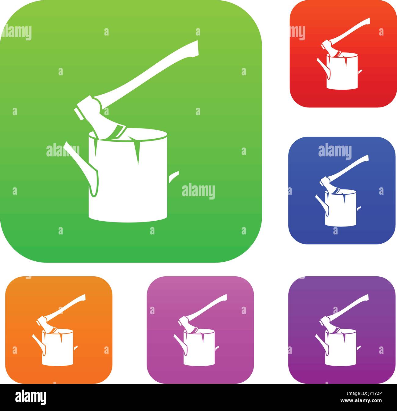 Axe stuck in a tree stump set collection Stock Vector