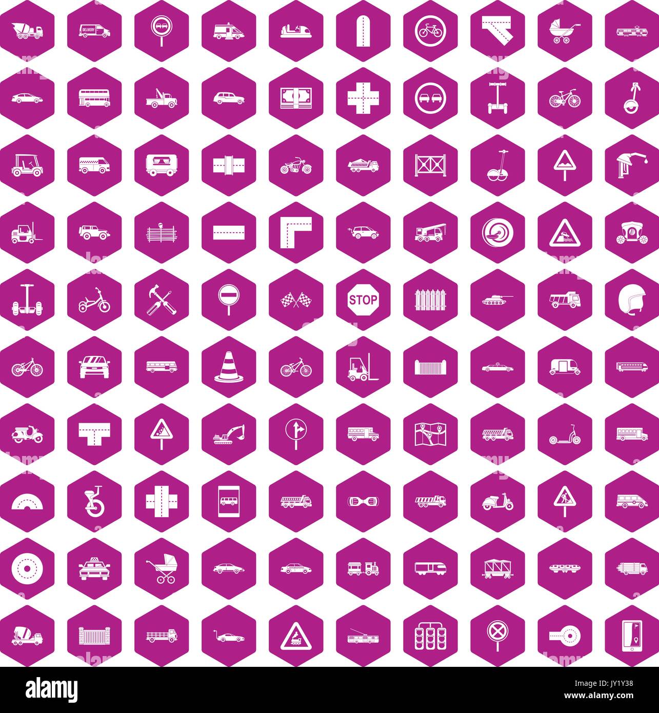 100 road icons hexagon violet Stock Vector