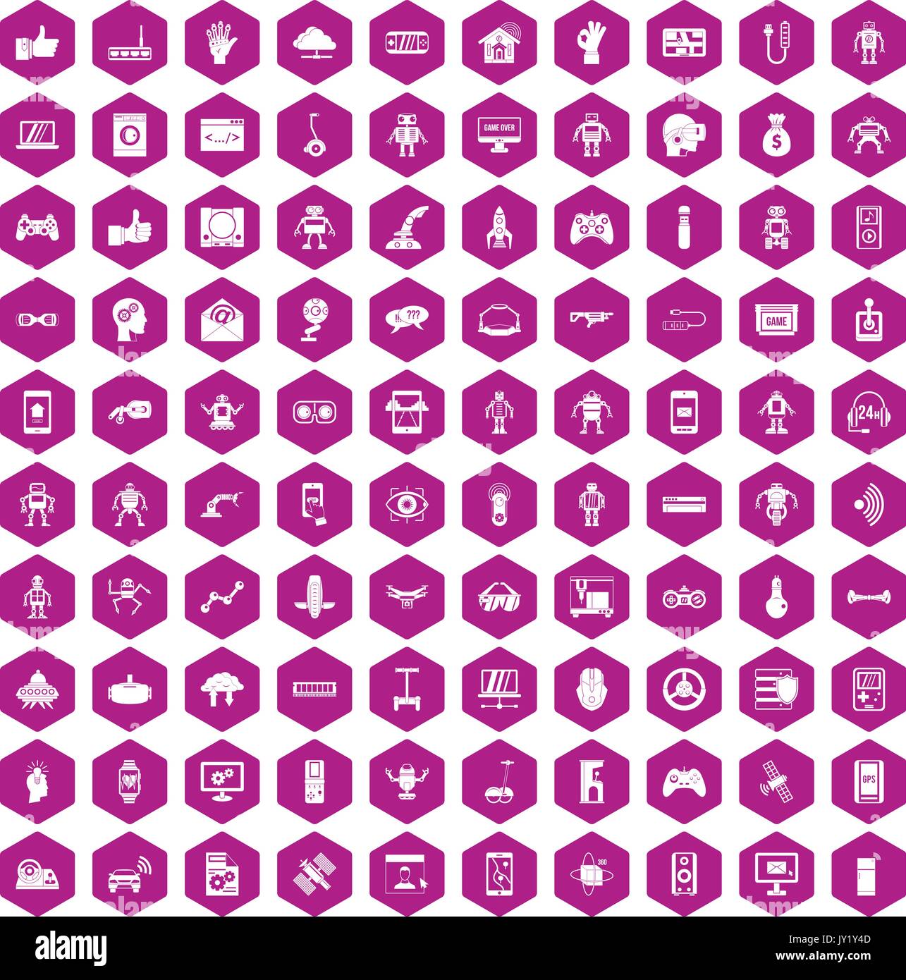100 robot icons hexagon violet Stock Vector