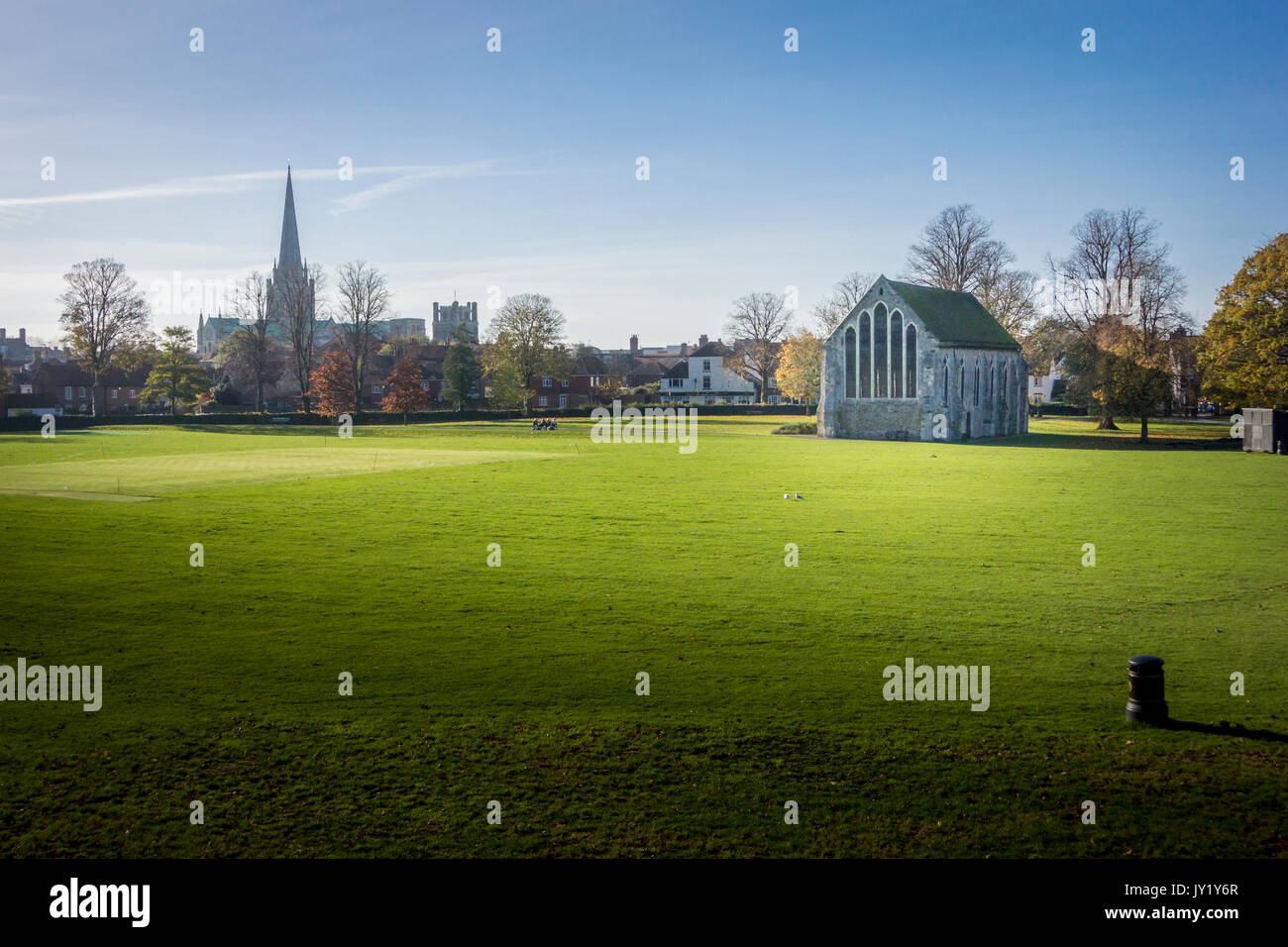 Chichester Guildhall, an ecclesiastical building in Priory Park Chichester, West Sussex, England. Rare example of a complete 13th-century Franciscan c Stock Photo