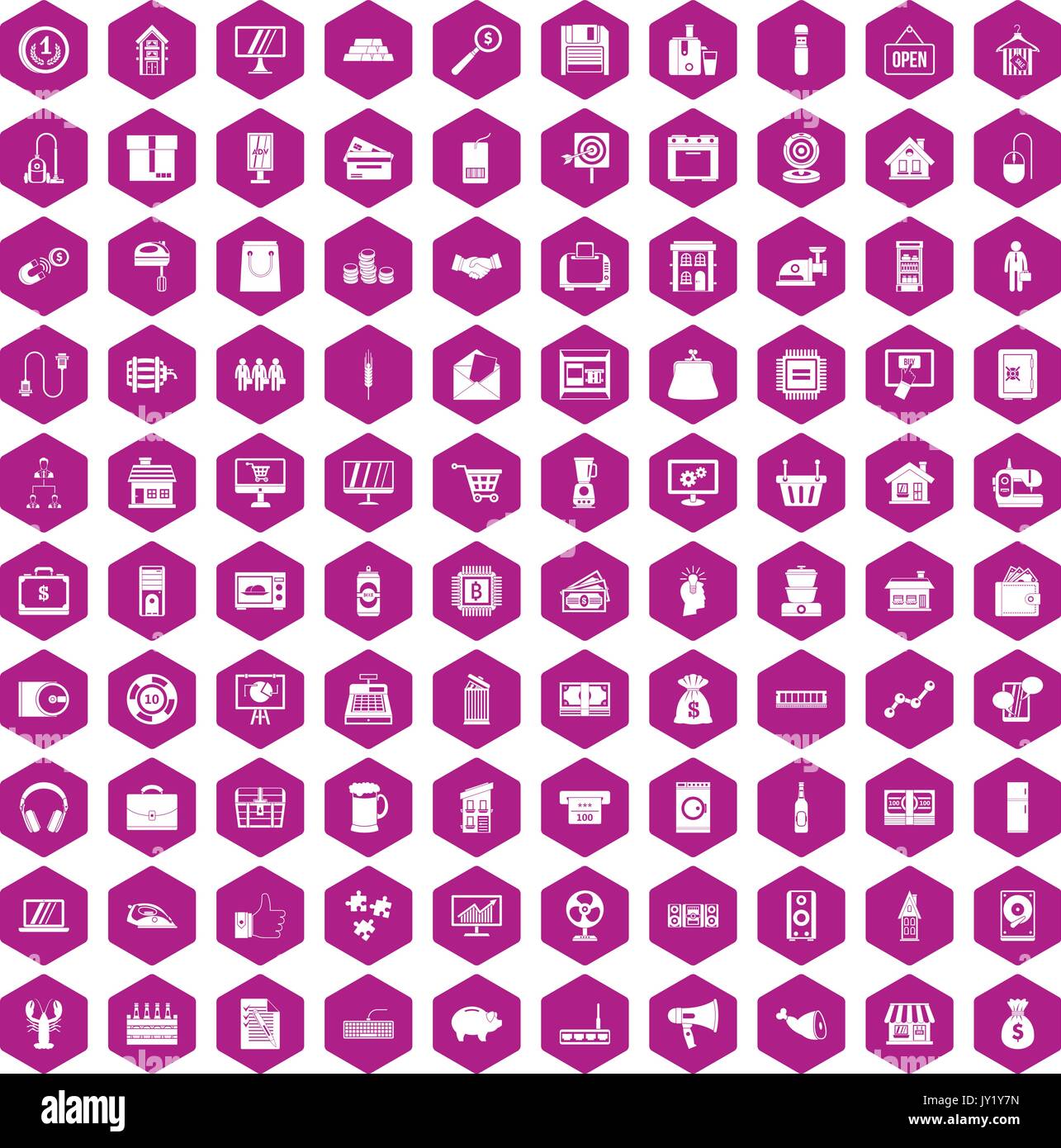 100 sales icons hexagon violet Stock Vector