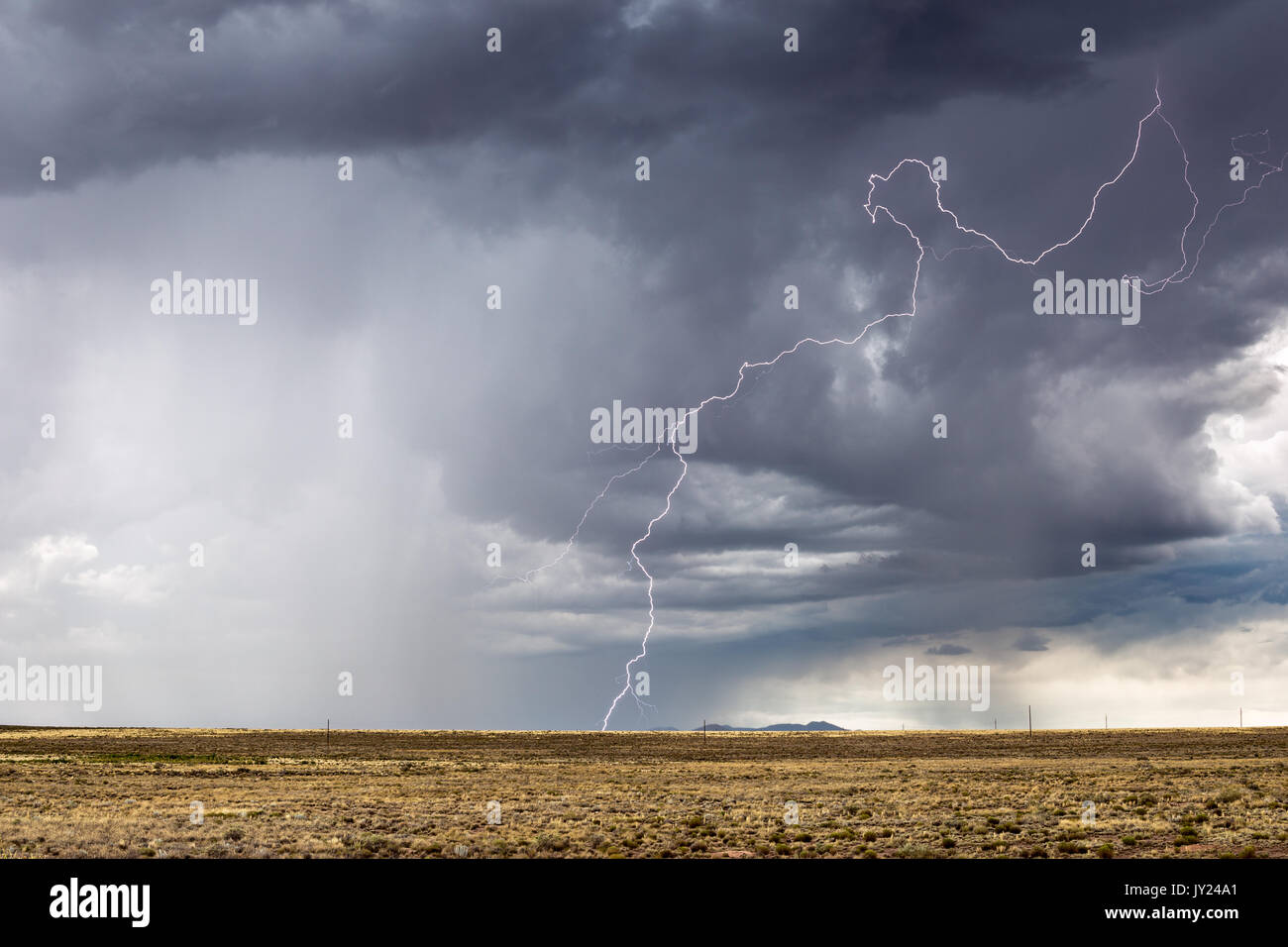 Summer thunderstorm with lightning bolt and rain in the desert near Two Guns, Arizona Stock Photo