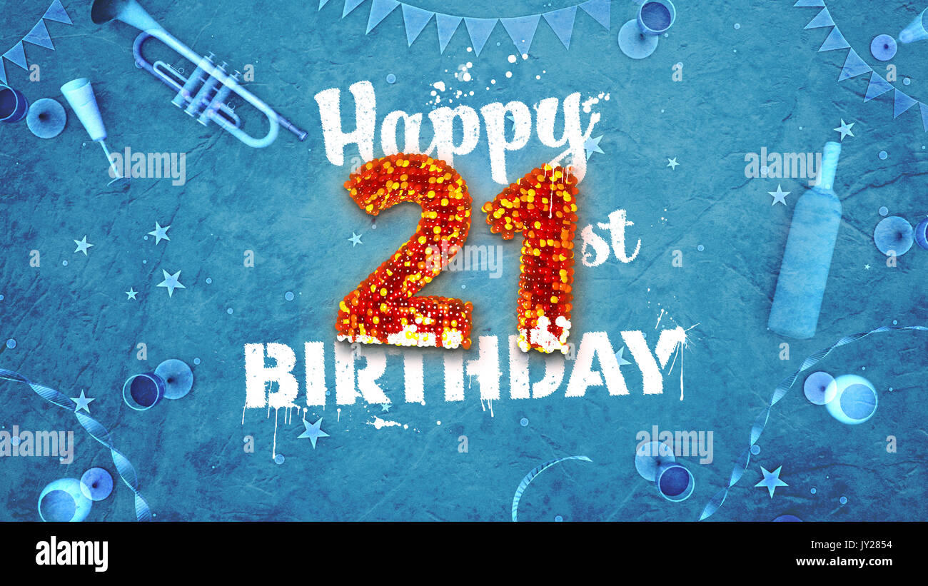 Happy 21st Birthday Card with beautiful details such as wine bottle, champagne glasses, garland, pennant, stars and confetti. Blue background, red and Stock Photo