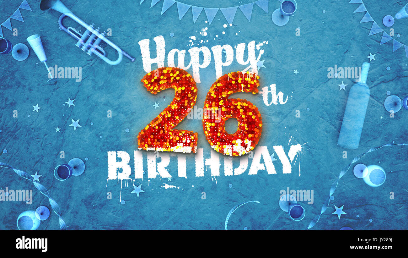 Happy 26th Birthday Card with beautiful details such as wine bottle, champagne glasses, garland, pennant, stars and confetti. Blue background, red and Stock Photo