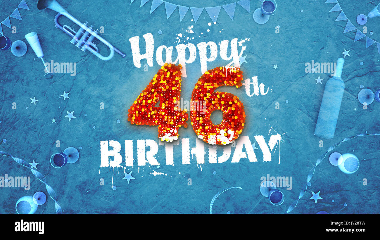 Happy 46th Birthday Card with beautiful details such as wine bottle, champagne glasses, garland, pennant, stars and confetti. Blue background, red and Stock Photo