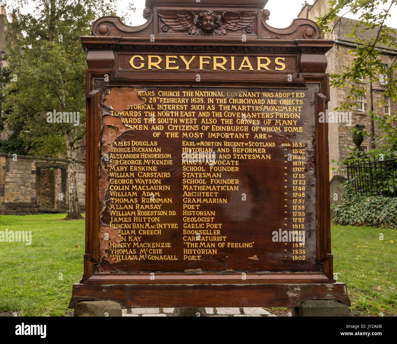 Information board at entrance to Greyfriar's churchyard, Edinburgh, Scotland, UK, listing names of famous people buried in the churchyard burial groun Stock Photo