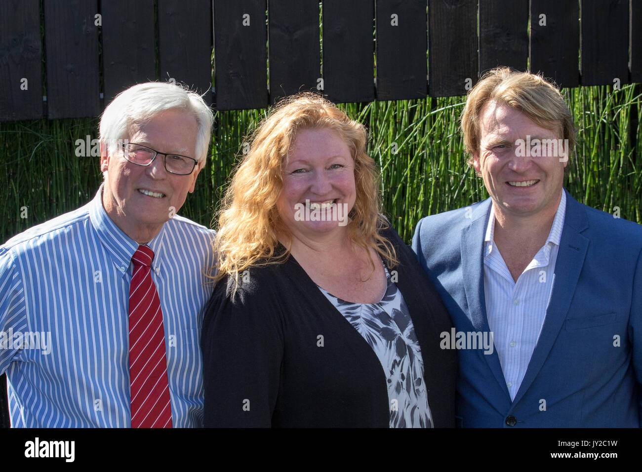 David Domoney, Charlie Dimmock, & John Craven at the Opening day at Southport Flower Show as TV presenters, garden designers, and floral experts, professional gardeners await the arrival of up to 80,000 visitors who are expected to attend to this famous annual event. Stock Photo