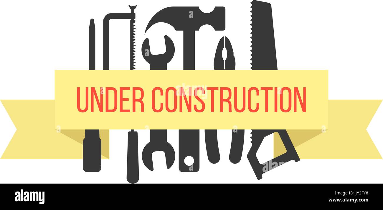 under construction on yellow ribbon with black tools Stock Vector