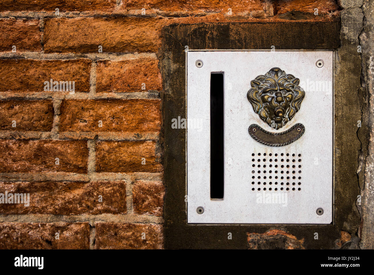 brass doorplate and doorbell in a shape of a lion's head on an old, cracked brick wall , Venice, Italy Stock Photo