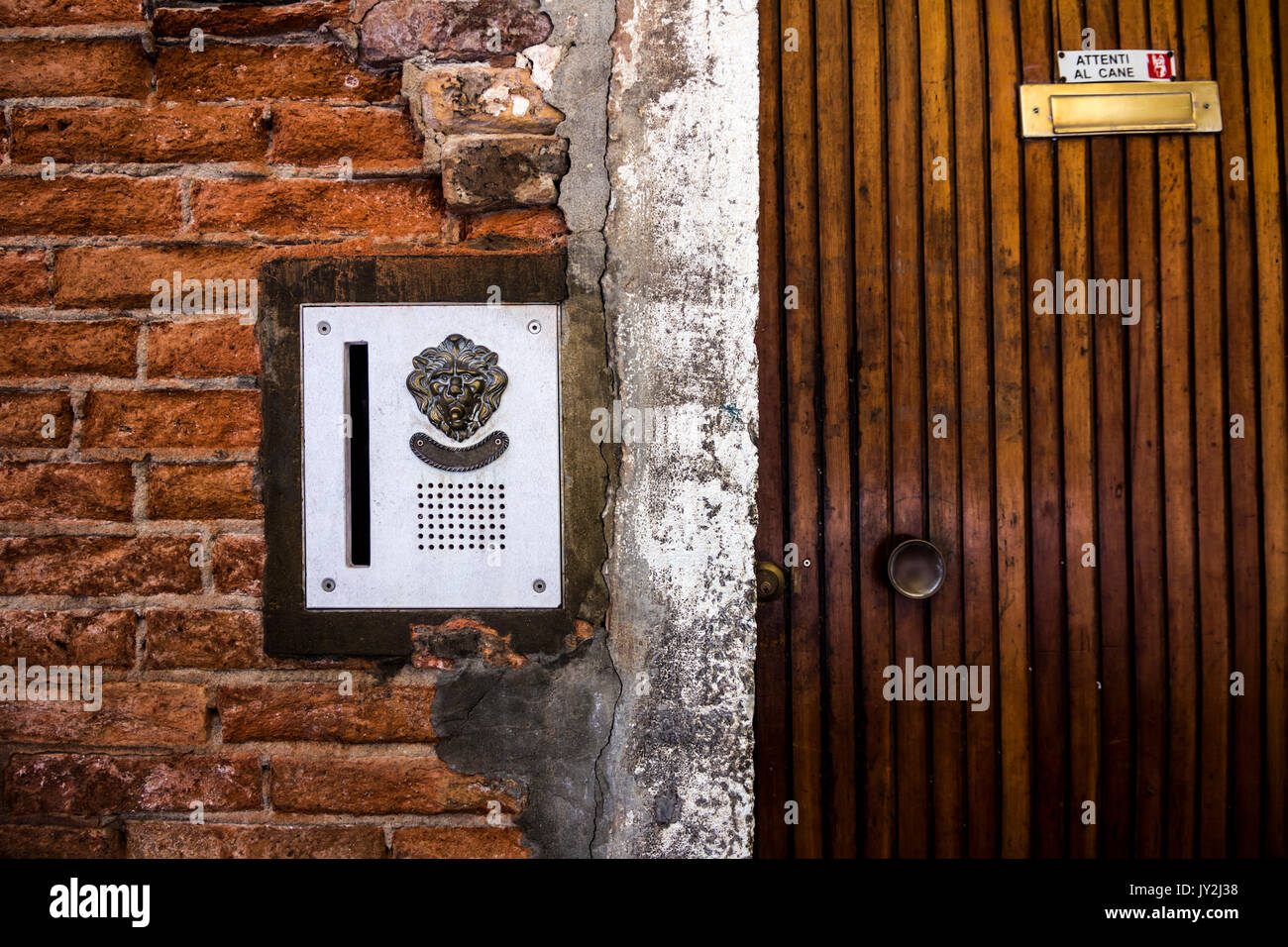 Brass Doorplate And Doorbell In A Shape Of A Lion S Head On An Old