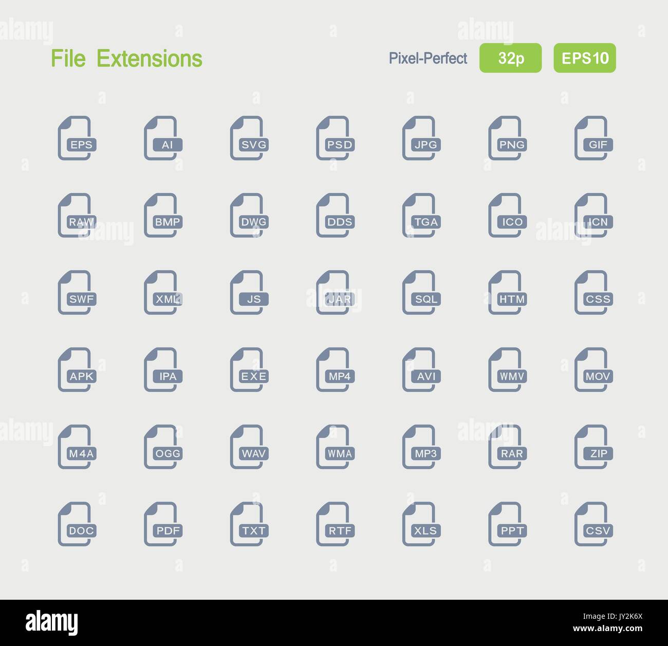 A set of 42 professional, pixel-perfect vector icons designed on a 32x32 pixel grid. Stock Vector