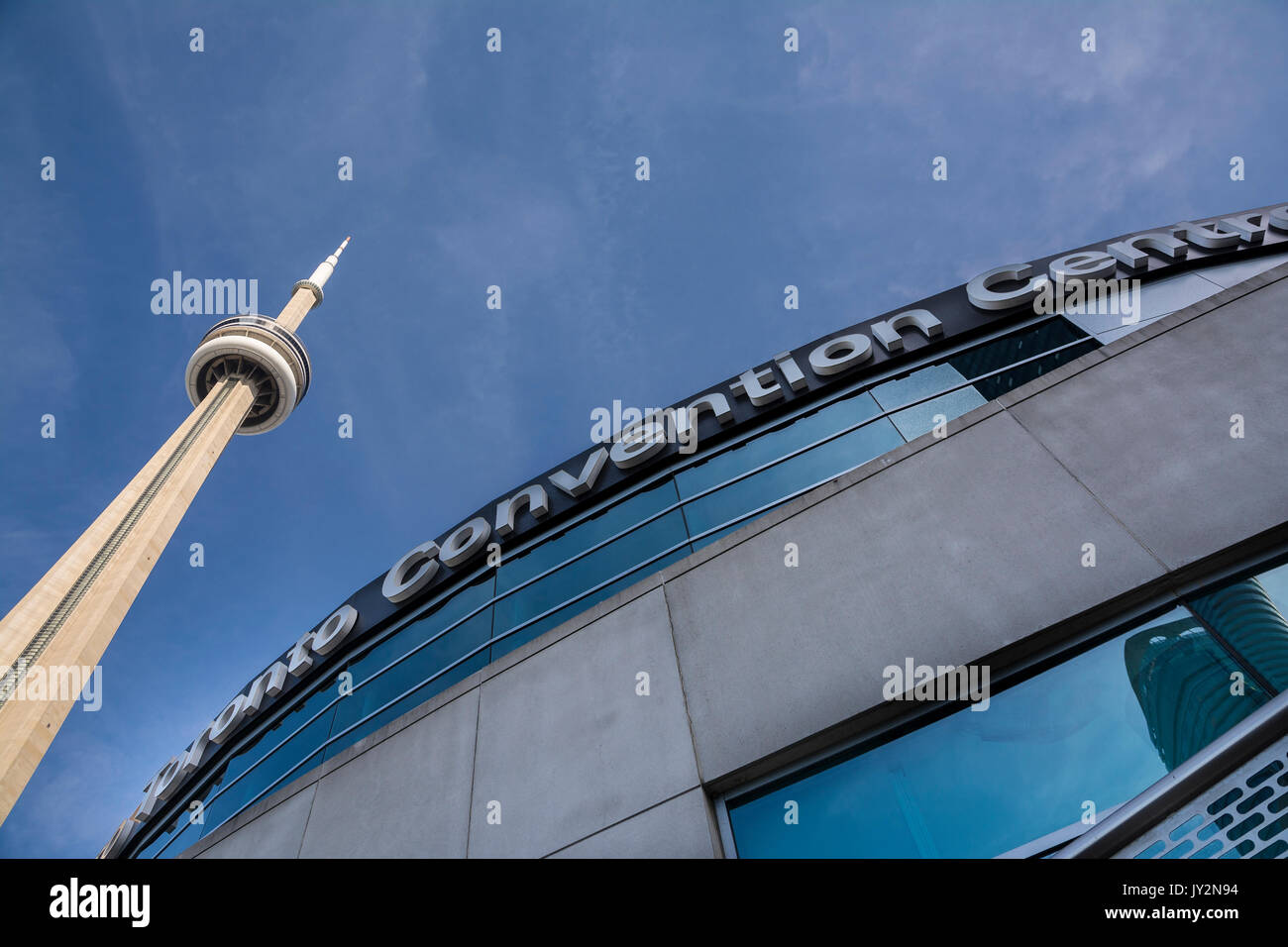 Toronto,Canada-august 2,2015:Suggestive view of the cn tower and the Toronto convention centre in downtown Toronto during a sunny day Stock Photo