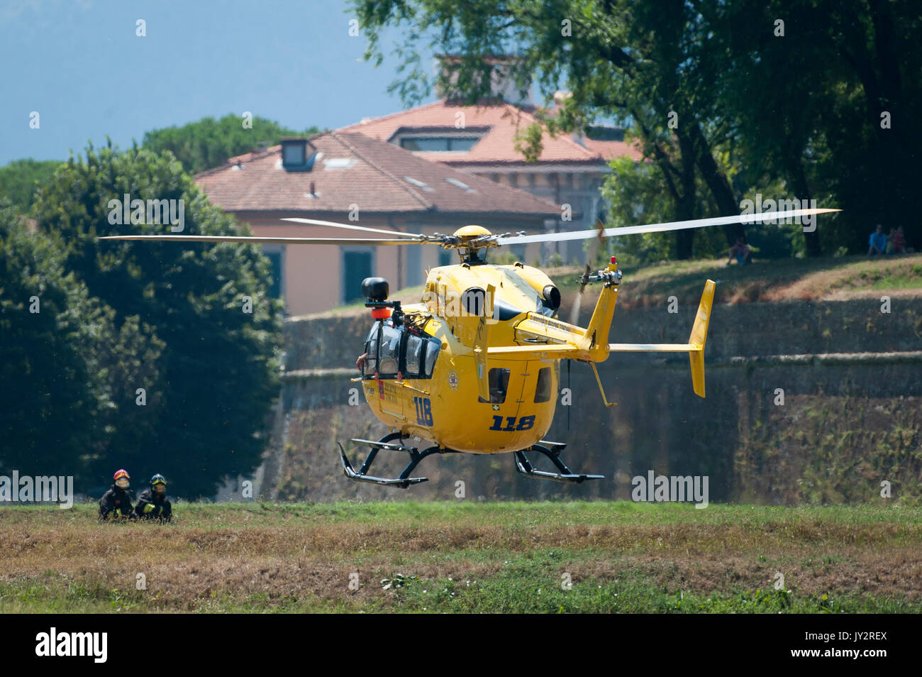 Helicopter Eurocopter EC145 of Servizio Sanitario di Urgenza ed Emergenza Medica SSUEM in Lucca, Tuscany, Italy. 3 August 2016 © Wojciech Strozyk / Al Stock Photo