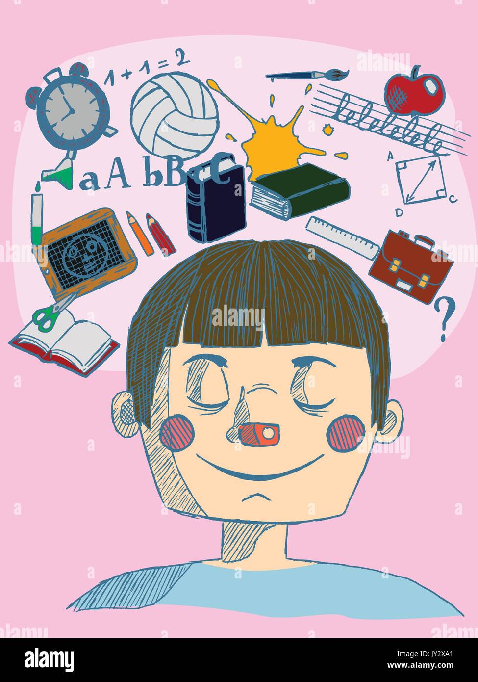 vector illustration of a hand drawn kid with closed eyes and thinking ...